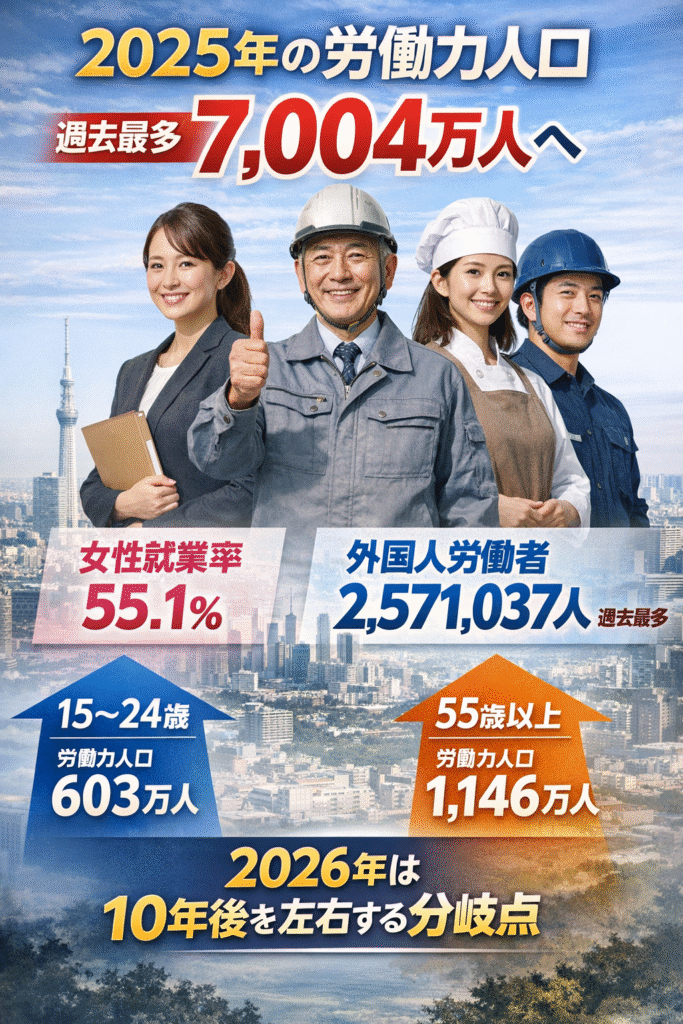 2025年の労働力人口統計を示す図解（女性・高齢者・外国人雇用の増加）