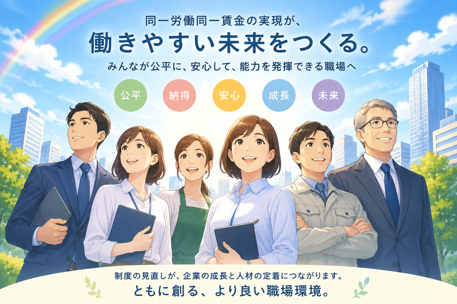 2026年の同一労働同一賃金ガイドライン改正により、公平な働き方と企業成長をイメージした職場イラスト