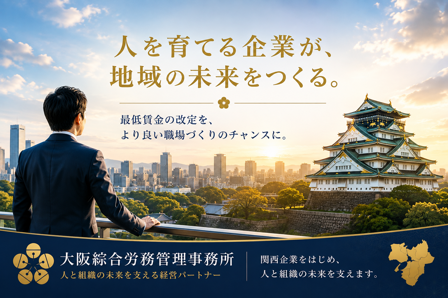 令和8年度最低賃金改定をテーマに、人を育てる企業が地域の未来をつくることを表現した大阪城と経営者のイメージ